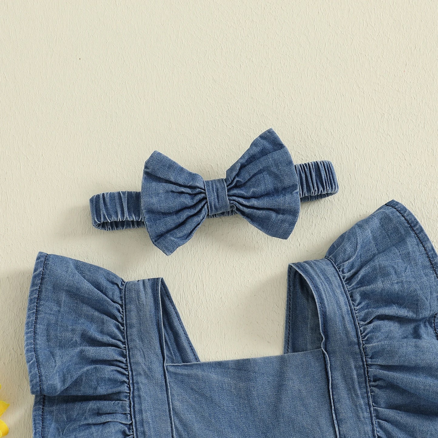 Baby Girls Denim Romper Dress Set - Ruffles Fly Sleeve Layered Jumpsuit with Bowknot Hairband