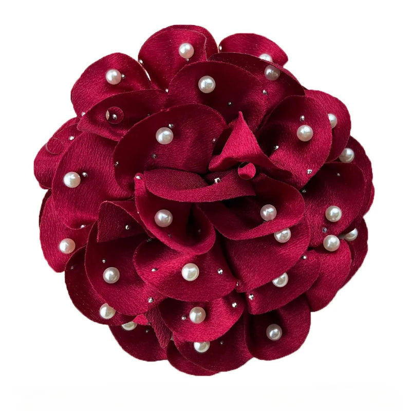 Handmade Fabric Flower Brooch - 13cm Pearl Wedding Corsage Pin