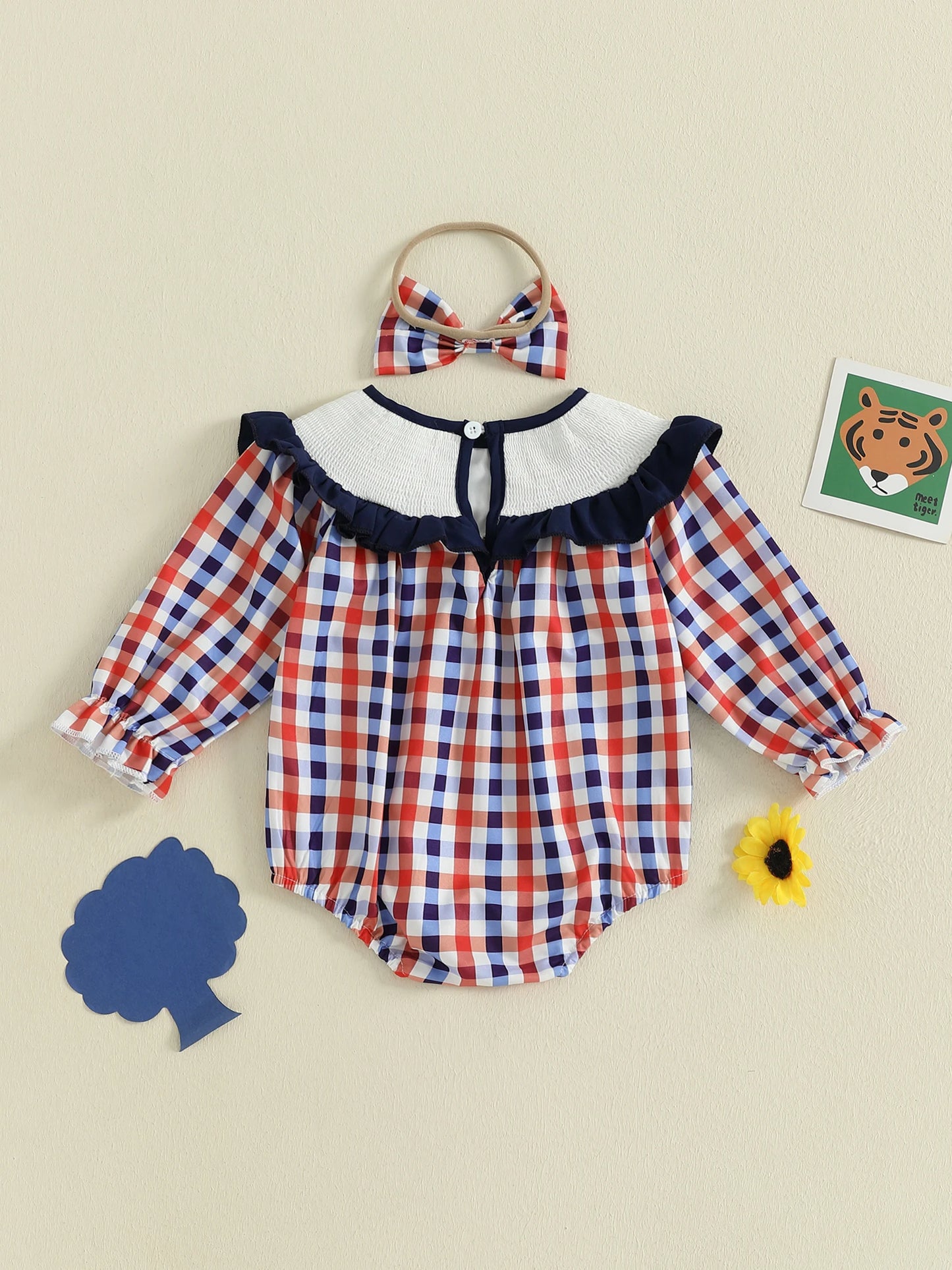 Toddler Baby Girls' Plaid Romper Dress - Animal Embroidery Smocked Jumpsuit with Headband