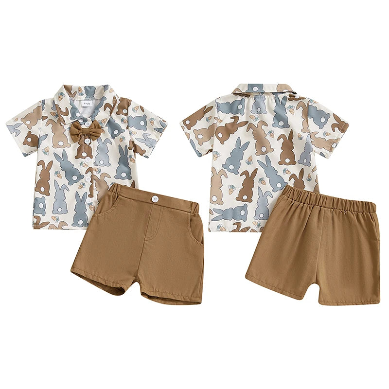 0-4Y Kids Boys Easter Gentleman Clothes Set Bunny Print Short Sleeve Button-up Bow Tie Shirt Elastic Shorts