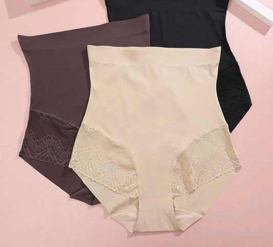 High Waist Tummy Control Panties - Women's Floral Lace Shaping Briefs (S-XXXL)