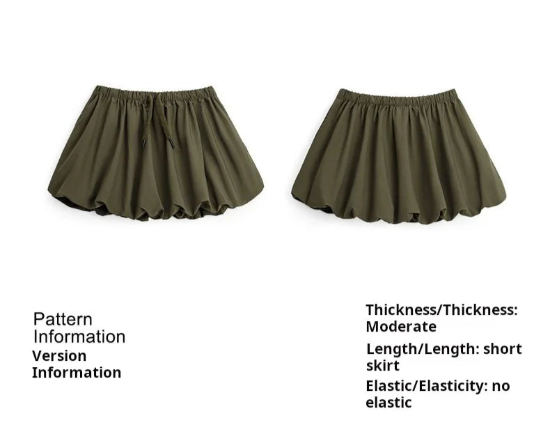Women's Casual Green Bubble Hem Mini Summer Drawstring Waist Lantern A-Line Versatile Floral Petal Short Skirt