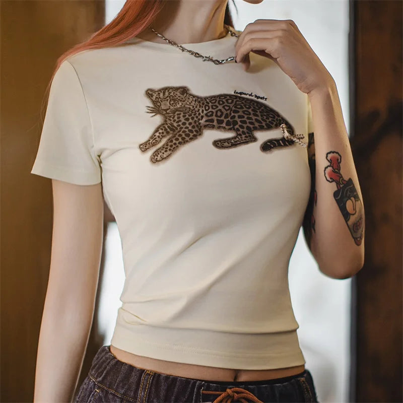 Women's Animal Print Short Sleeve T-Shirt - Vintage Crew Neck Tee