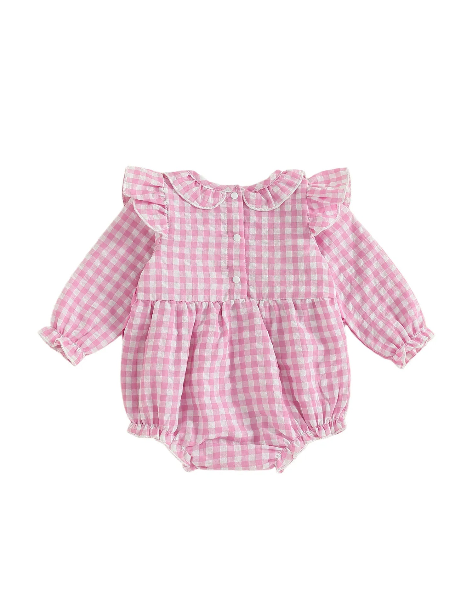 Baby Girls Plaid Bubble Romper - Duck Embroidery Long Sleeve Jumpsuit (0-18M)