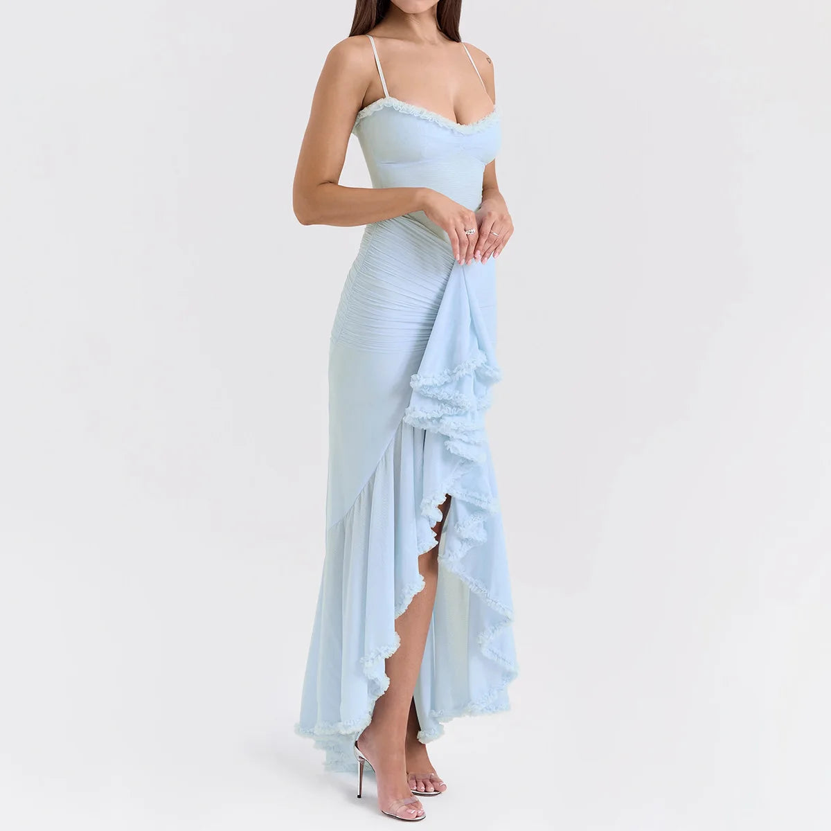 Women's Sheer Mesh Ruffled Front Gown Elegant Draped Prom Cocktail Maxi Dress Solid Fairy Ruched Slip Dress
