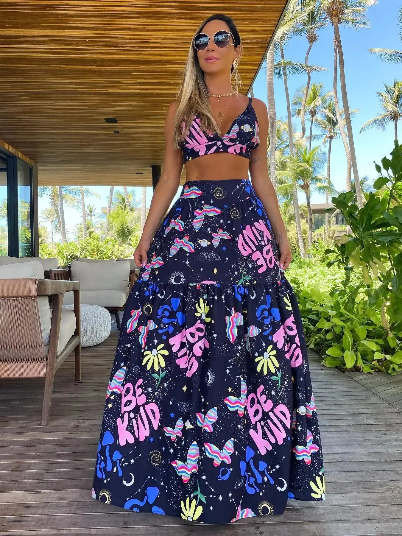 Women's Print Beach Two Piece Skirt White Bra High Waist A-line Long Skirt Beach Set