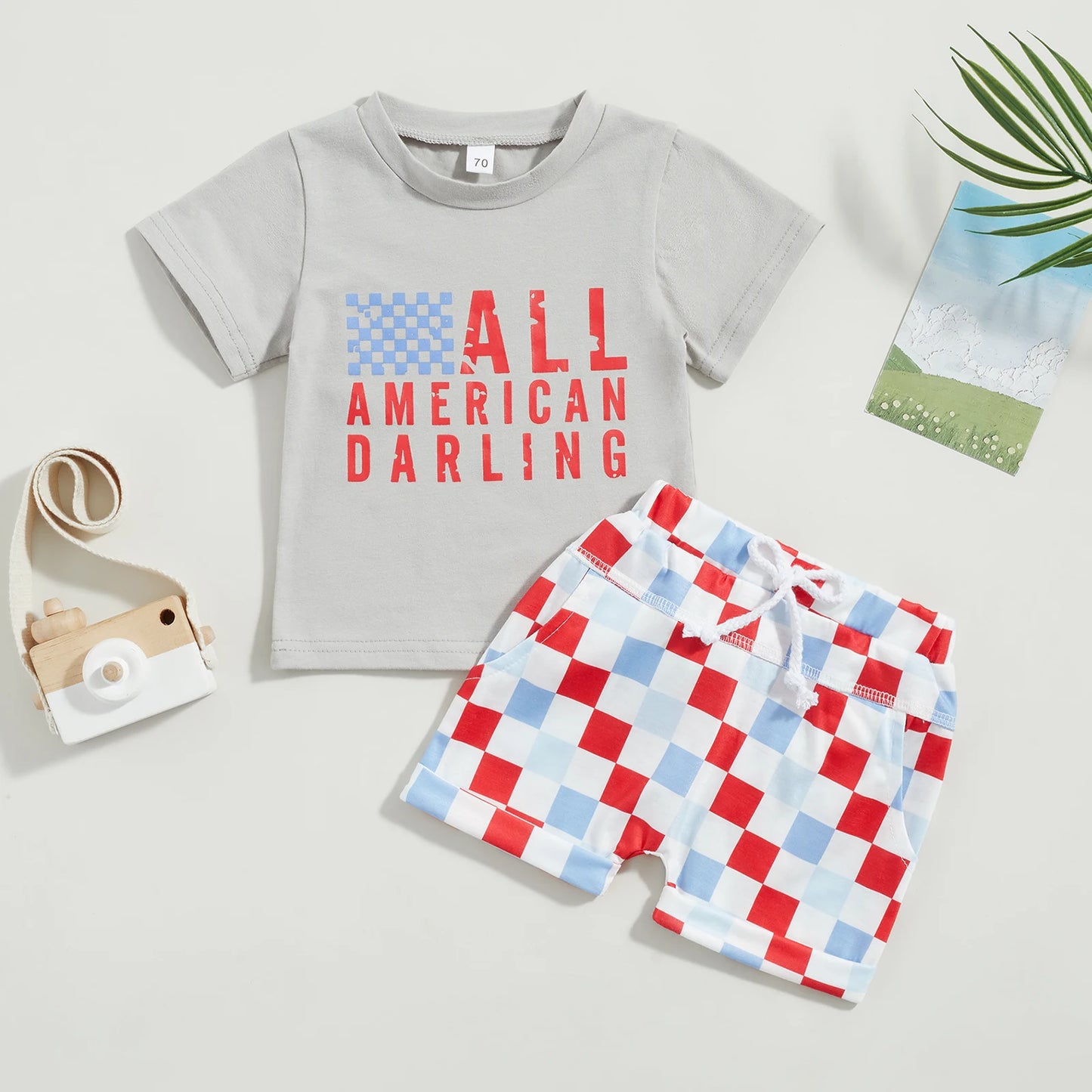 0-3Y American Baby Girls Boys Clothes Sets Letter Print Short Sleeve T-Shirts and Checkerboard Shorts 2Pcs