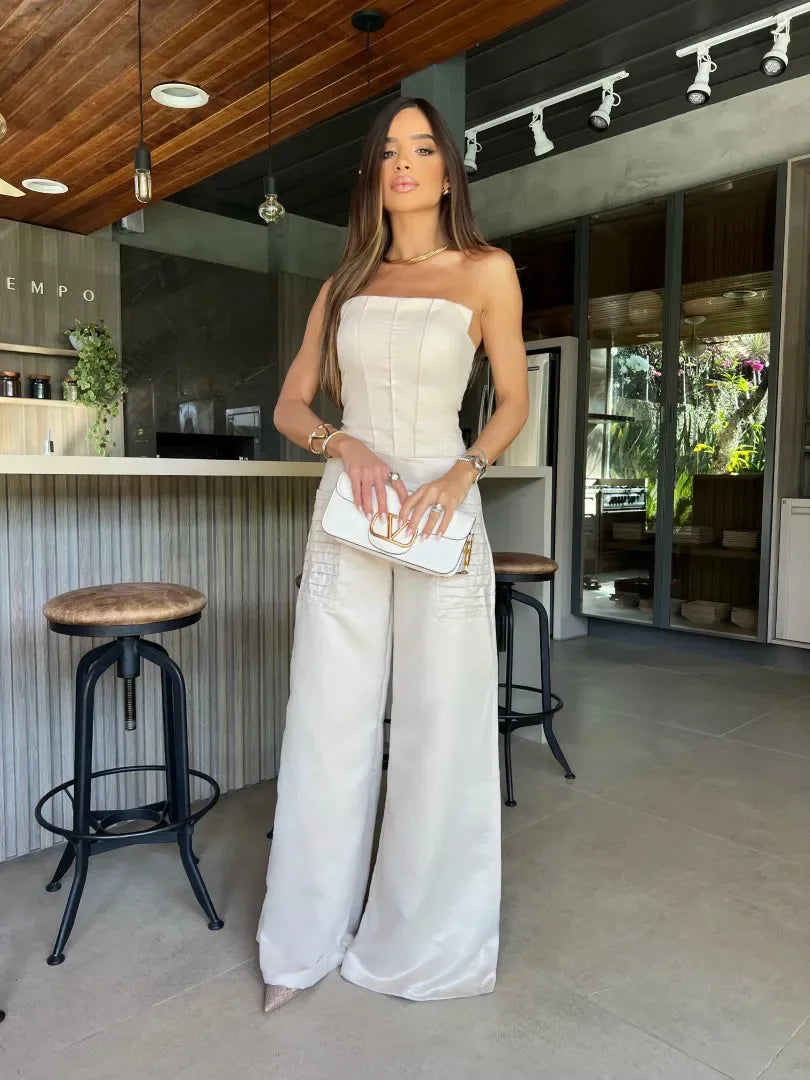 Women's Bandage Sleeveless Waist Wide Leg Long Jumpsuit