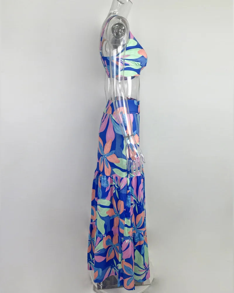 Women's Print Beach Two Piece Skirt White Bra High Waist A-line Long Skirt Beach Set