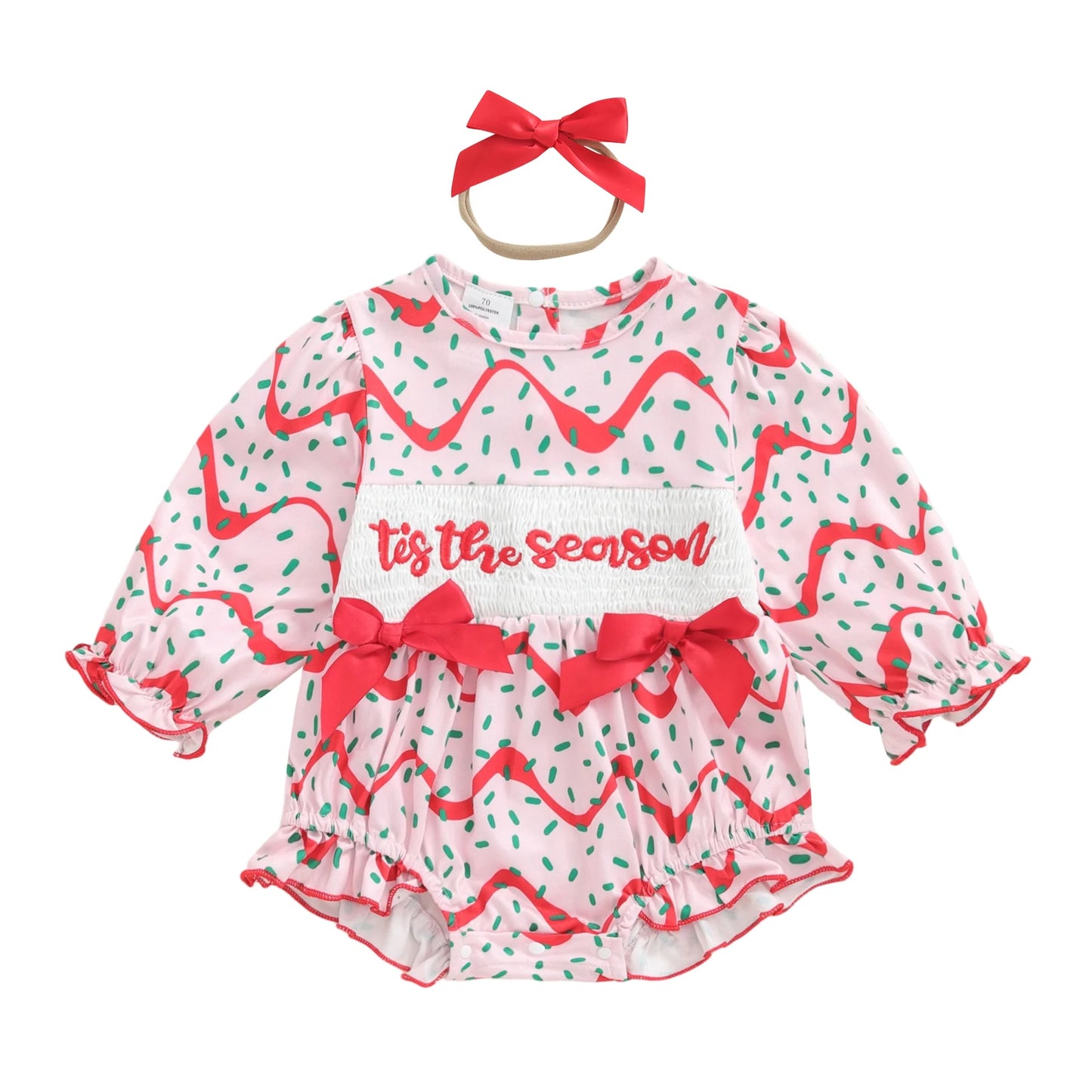 Baby Girls Christmas Romper Set - Letter Embroidery with Bow Headband