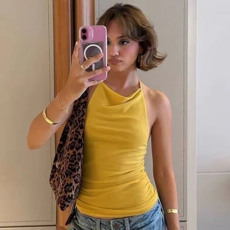 Women's Solid Halter Camisole Top Summer Outfit Backless Ruched Yellow Cropped Top Vest
