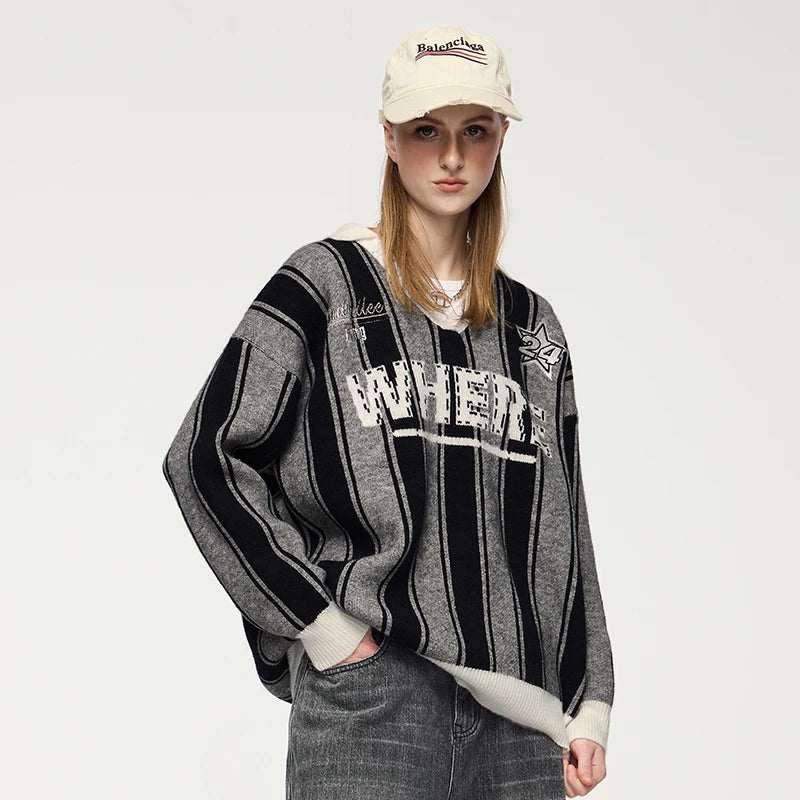 Unisex Vertical Stripe Cozy Retro Sporty Loose Colorblock Knit Pullover Top Sweater