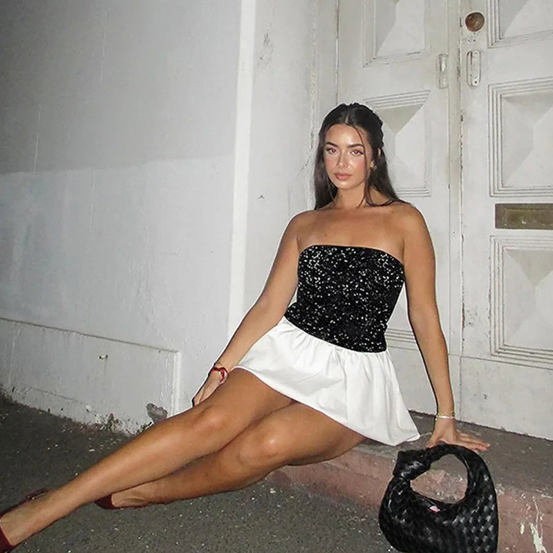 Women's Strapless Sequins Mini One-Shoulder Bodycon Splice Folds Party Club Dress