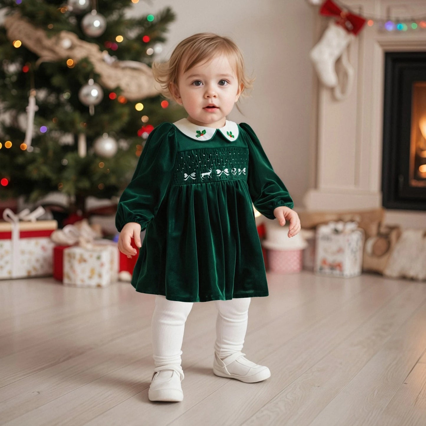 Little Girl's Velvet Christmas Dress - Deer Bow Holly Embroidered Smocked A-Line