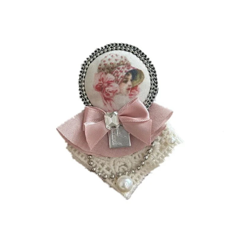 Rhinestone Pearl Badge Brooches - Pink Fabric Bow Lapel Pin for Women