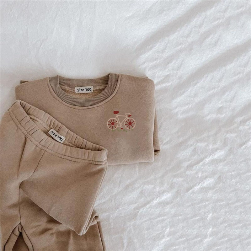 Children's 2Pcs Embroidery Thicken Fleece Warm Sweatshirt and Pants Set Outfit