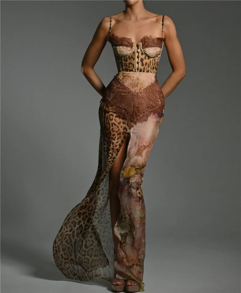 Women's Leopard Print Lace Split Maxi Gown Elegant Patchwork Chiffon Sleeveless Backless Beach Evening Dress