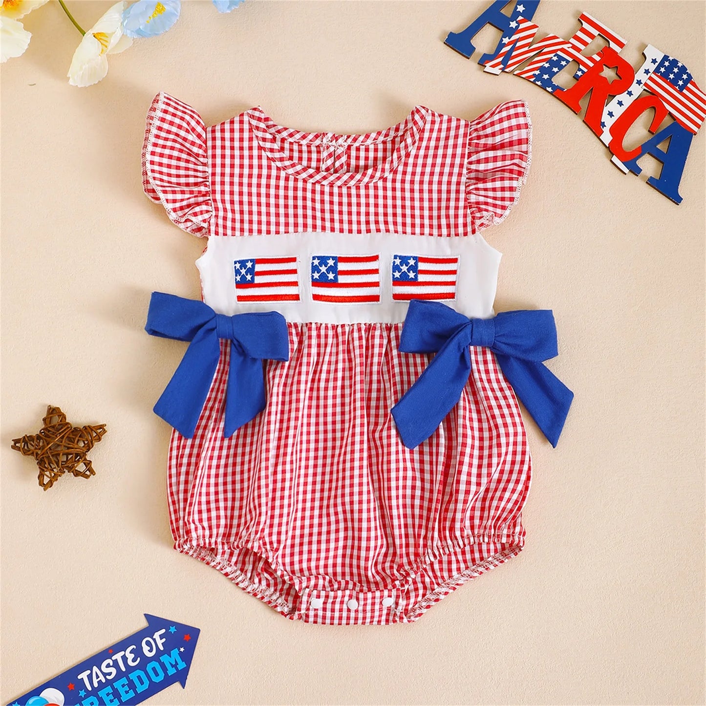 Baby Girls Independence Day Romper - Cute Ruffles Fly Sleeve Plaid Print Jumpsuit (0-18M)