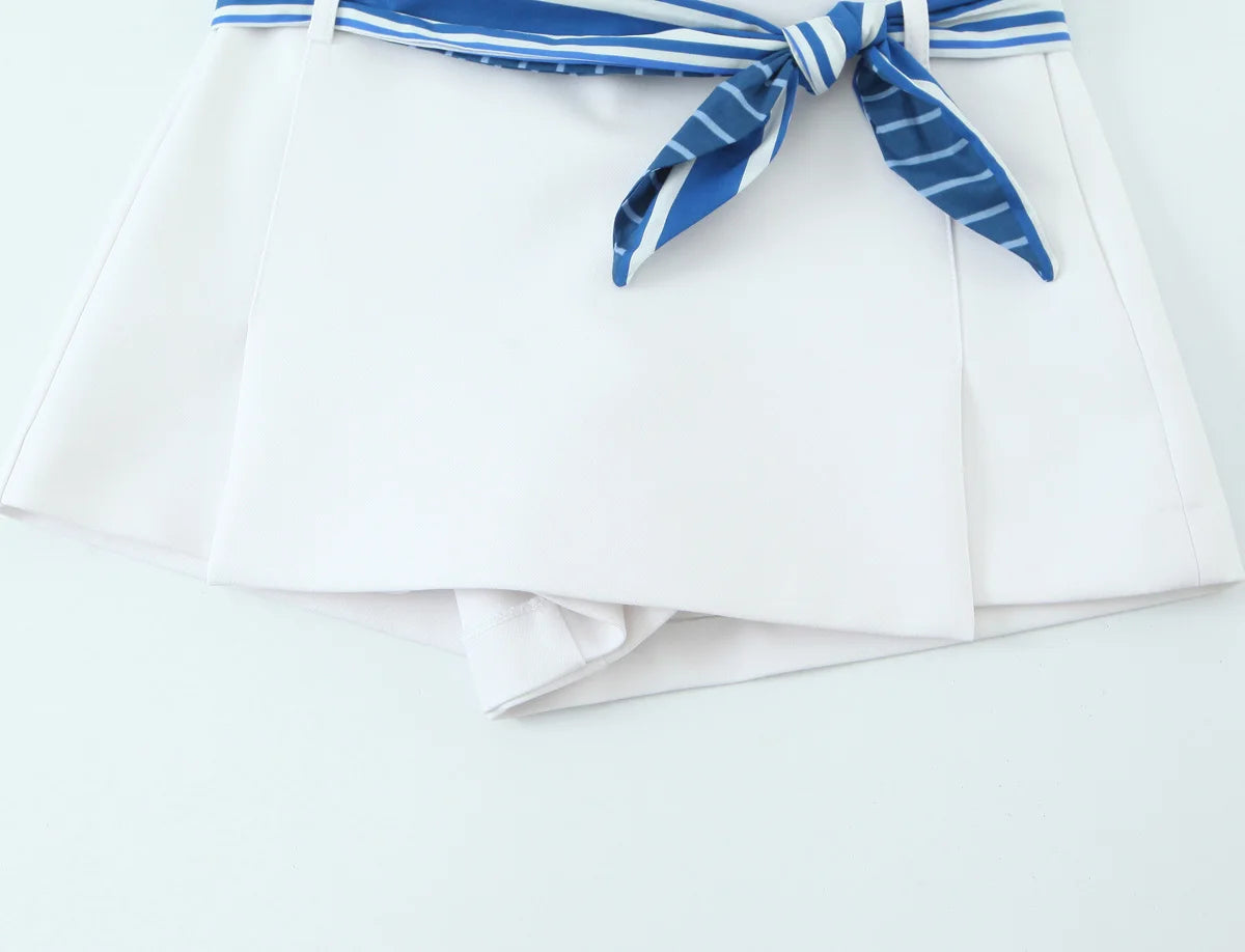 Women's Contrasting Striped Suspender Set - Short Top with Belted Skirt