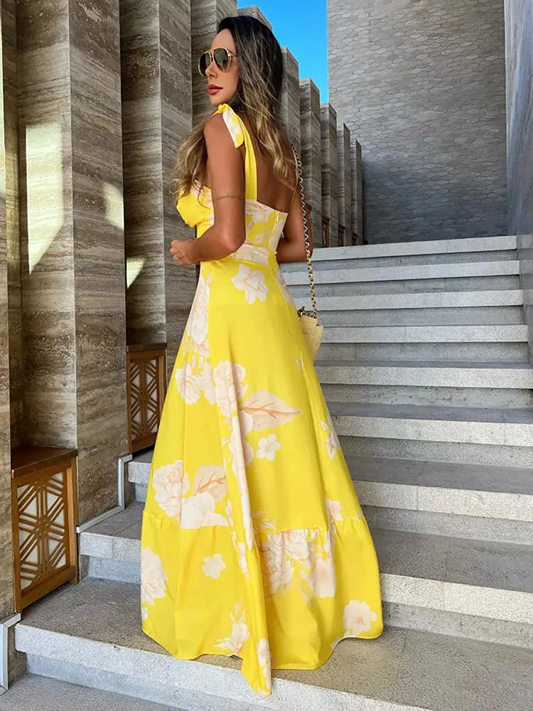Women's Floral Printed Elegant Sleeveless Long Lace Up Robe Summer Bodycon Dress