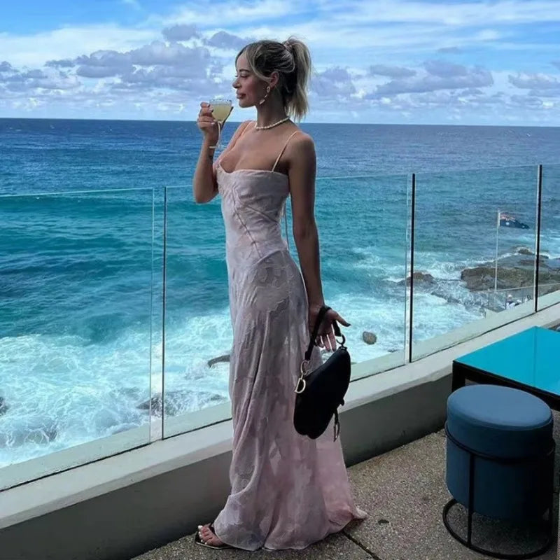 Women's See Through Spaghetti Maxi Plunge Off Shoulder Floral Mesh Patchwork Long Dress