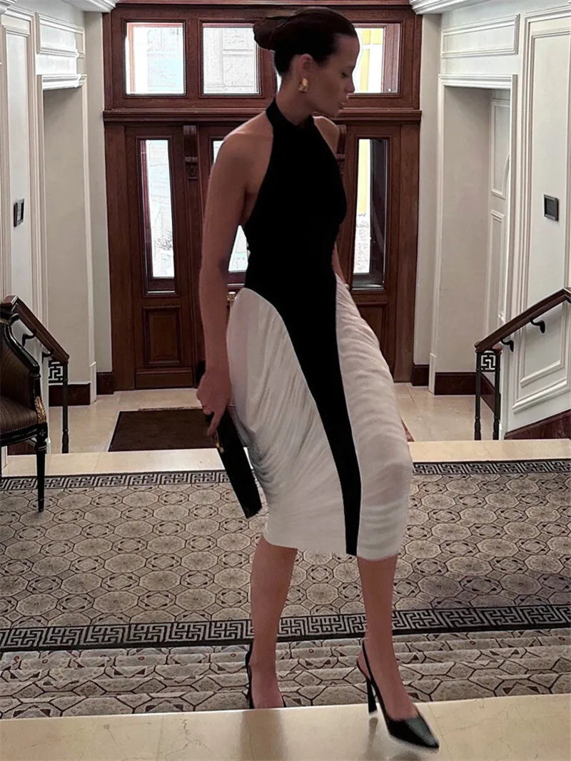 Women's Patchwork Halter Backless Midi  Contrast Color Sleeveless Pleated Long Dress