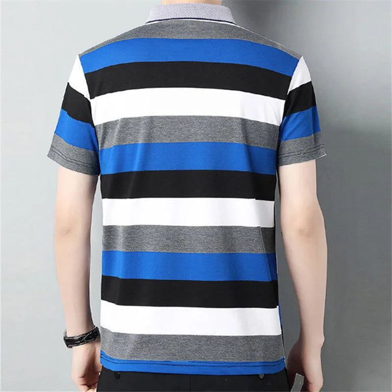 Men's Summer Striped Smart Casual Short Sleeve Turn Down Collar Slim Fit Polo Shirt