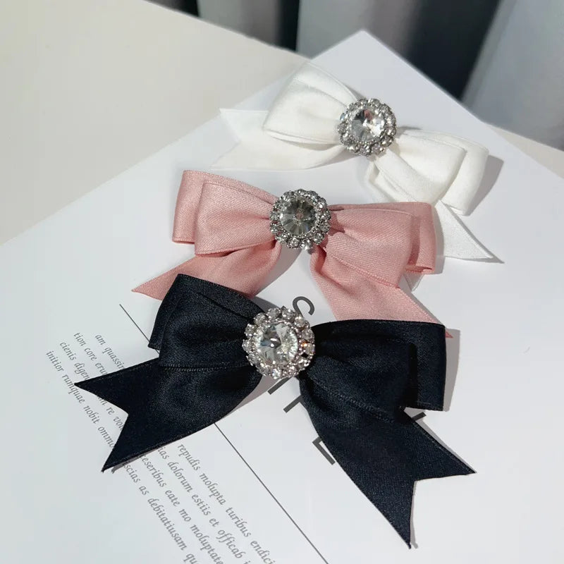 Handmade Fabric Bow Tie Brooch - Rhinestone Crystal Lapel Pin for Women