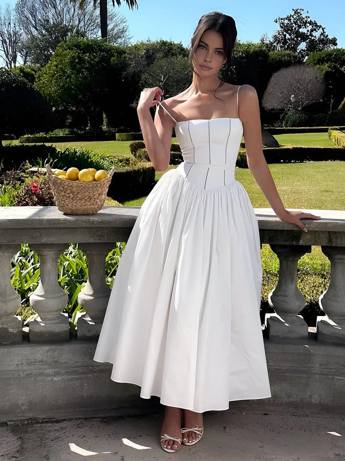 Women's Corset Detail Spaghetti Strap Knotted Long Summer Dress