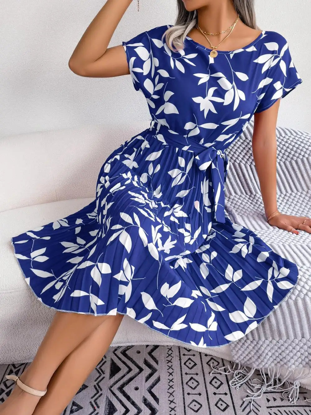 Women's Floral Pleated A Line Long Spring Summer Short Sleeve High Waist Chic Dress