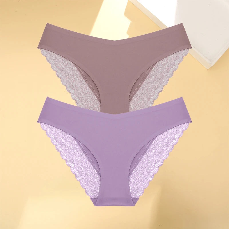 Women's 2Pcs Seamless Stretch Underwear Lace Floral Panties Recycled Materials Breathable Briefs Low Waist Comfort Lingerie
