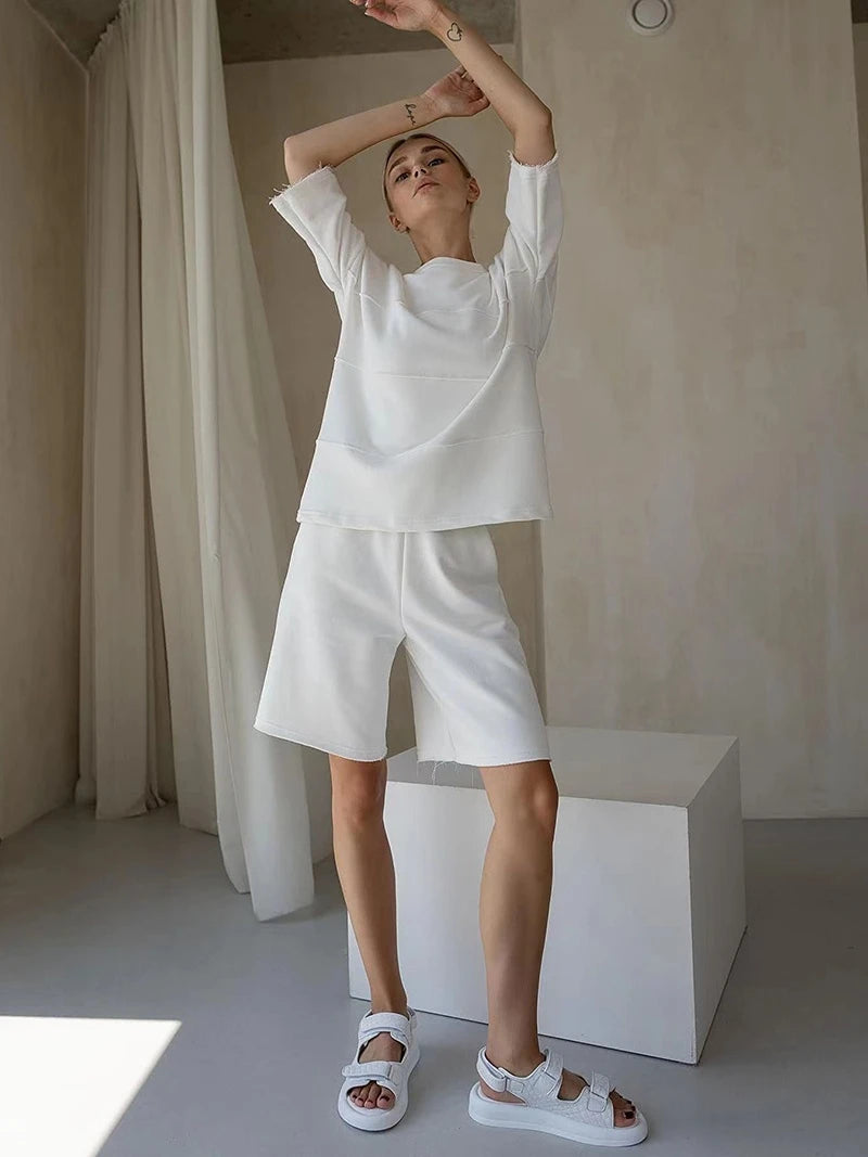 Women's 100% Cotton Shorts Set Half Sleeve Patchwork T Shirts & High Waist Shorts Two Pieces Set