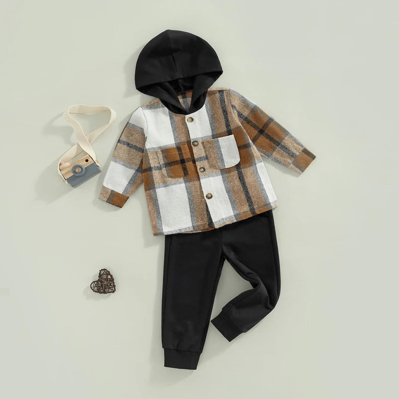 1-6Y Autumn Causal Kids Boys Clothes Sets 2pcs Plaid Printed Patchwork Hooded Long Sleeve Jacket and Trousers