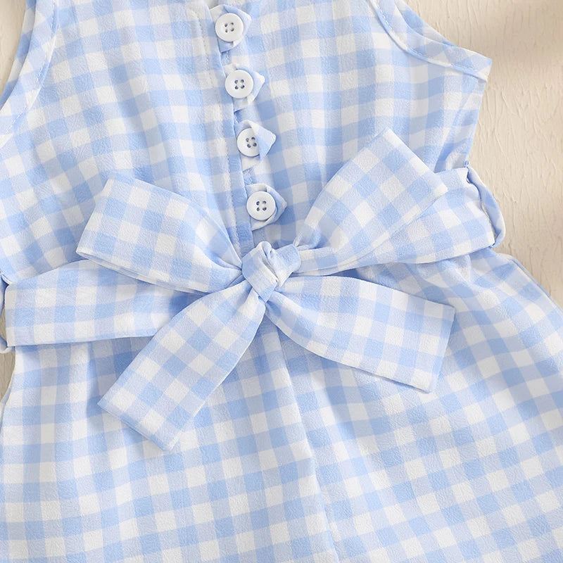 1-5Y Kids Girls Summer Jumpsuit Plaid Print Sleeveless Button Up Ruffle Trim Overalls with Belt