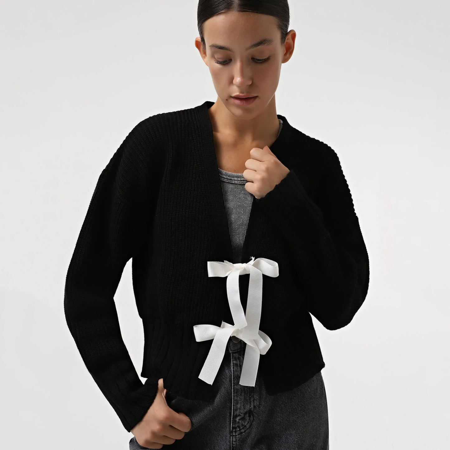 Women's Tie Front Bow Detail Long Sleeve Cardigan Knitted Sweater