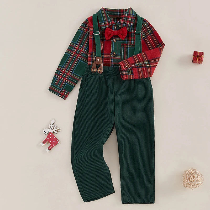 1-7Y Toddler Kids Boys Gentleman Clothes Sets Christmas Plaid Print Button Long Sleeves Shirt and Suspender Pants