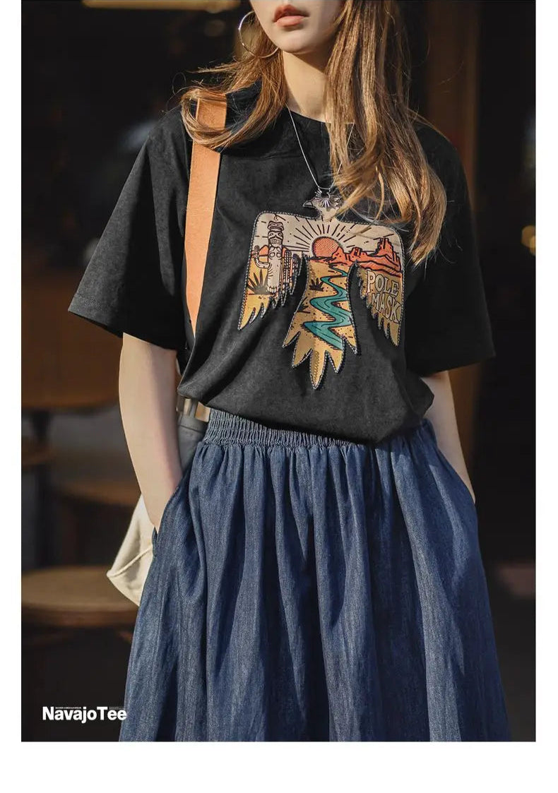 Women's Retro Thunderbird Print T-Shirt - Heavyweight Embroidered Tee