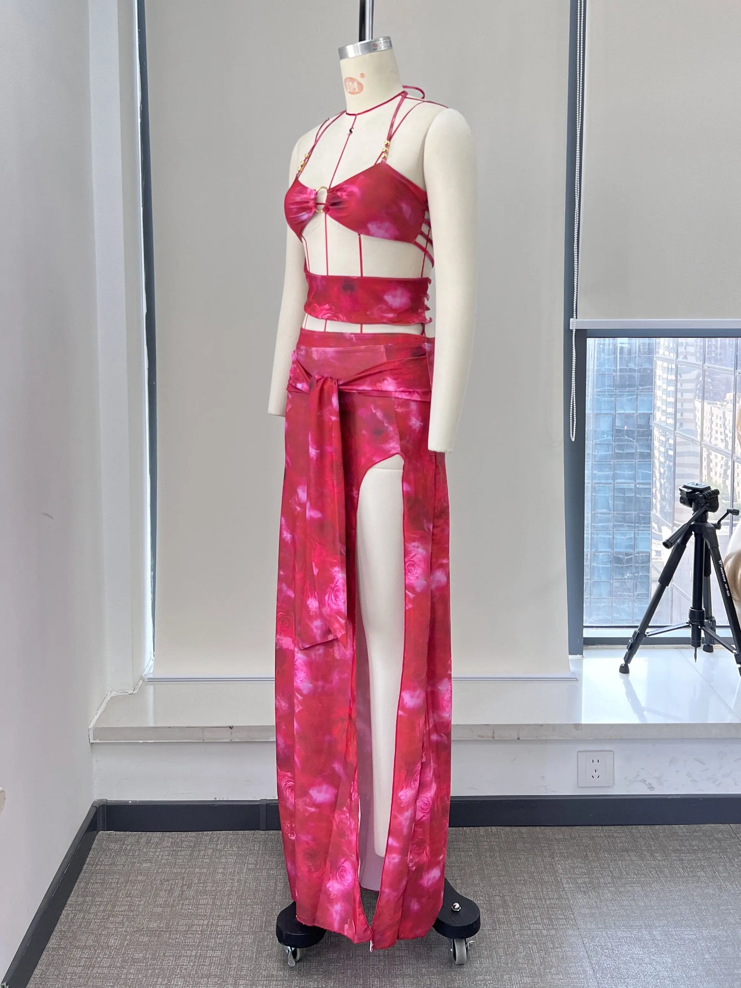 Women's Print Backless Swimwear with Skirt Women Slit Hollow Out Long Summer Bodycon Ruffles Dress