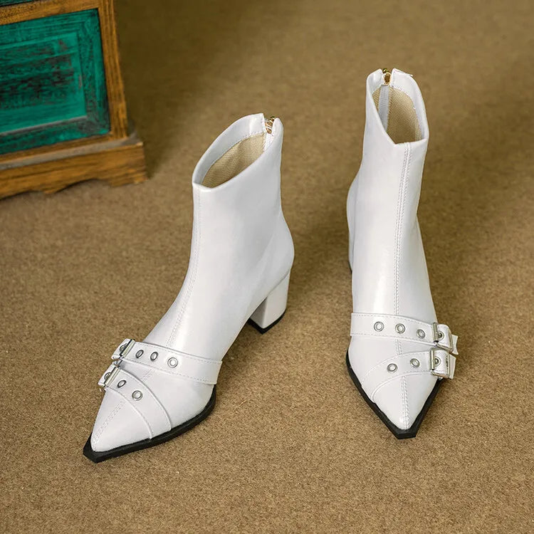 Women's Leather Metal Belt Buckle Short 6cm Square Heel Rivet Boot Back Zipper Boots