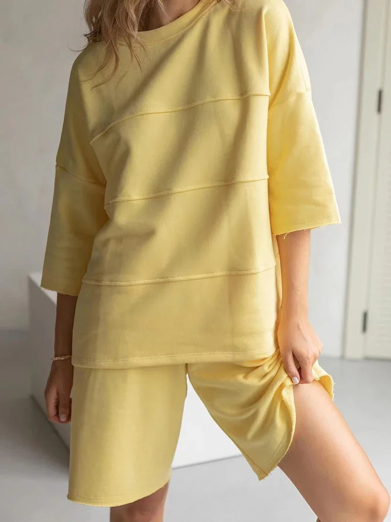 Women's 100% Cotton Shorts Set Half Sleeve Patchwork T Shirts & High Waist Shorts Two Pieces Set