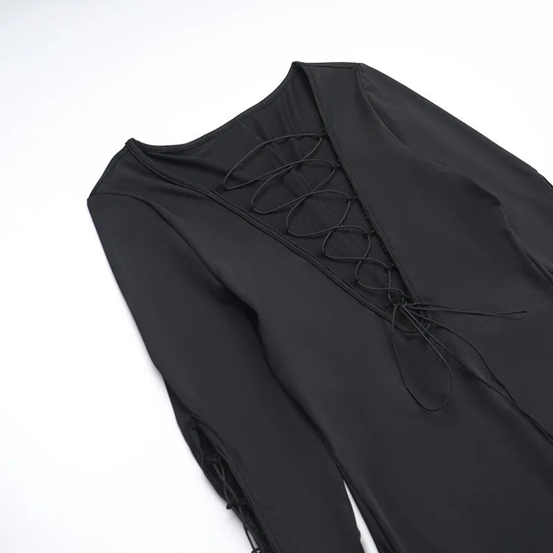 Women's Lace Up Bandage Maxi V Neck Long Sleeve Dress