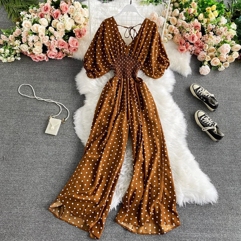Women's V-Neck Polka Dot Jumpsuit - Wide Leg Trousers with Dolman Sleeves