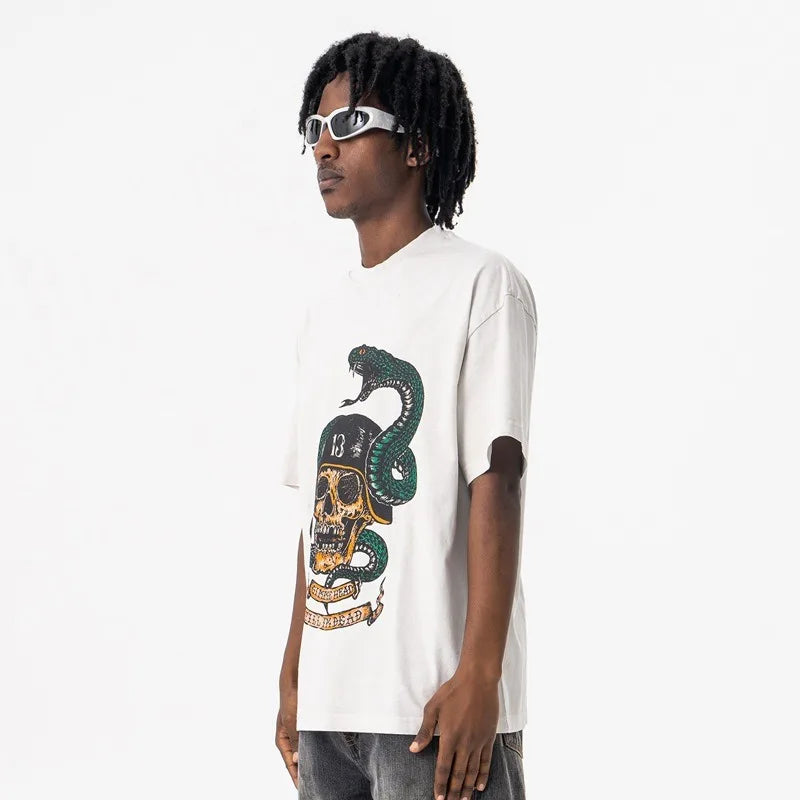 Men's Summer Washed cobra skull print short-sleeved T-shirt