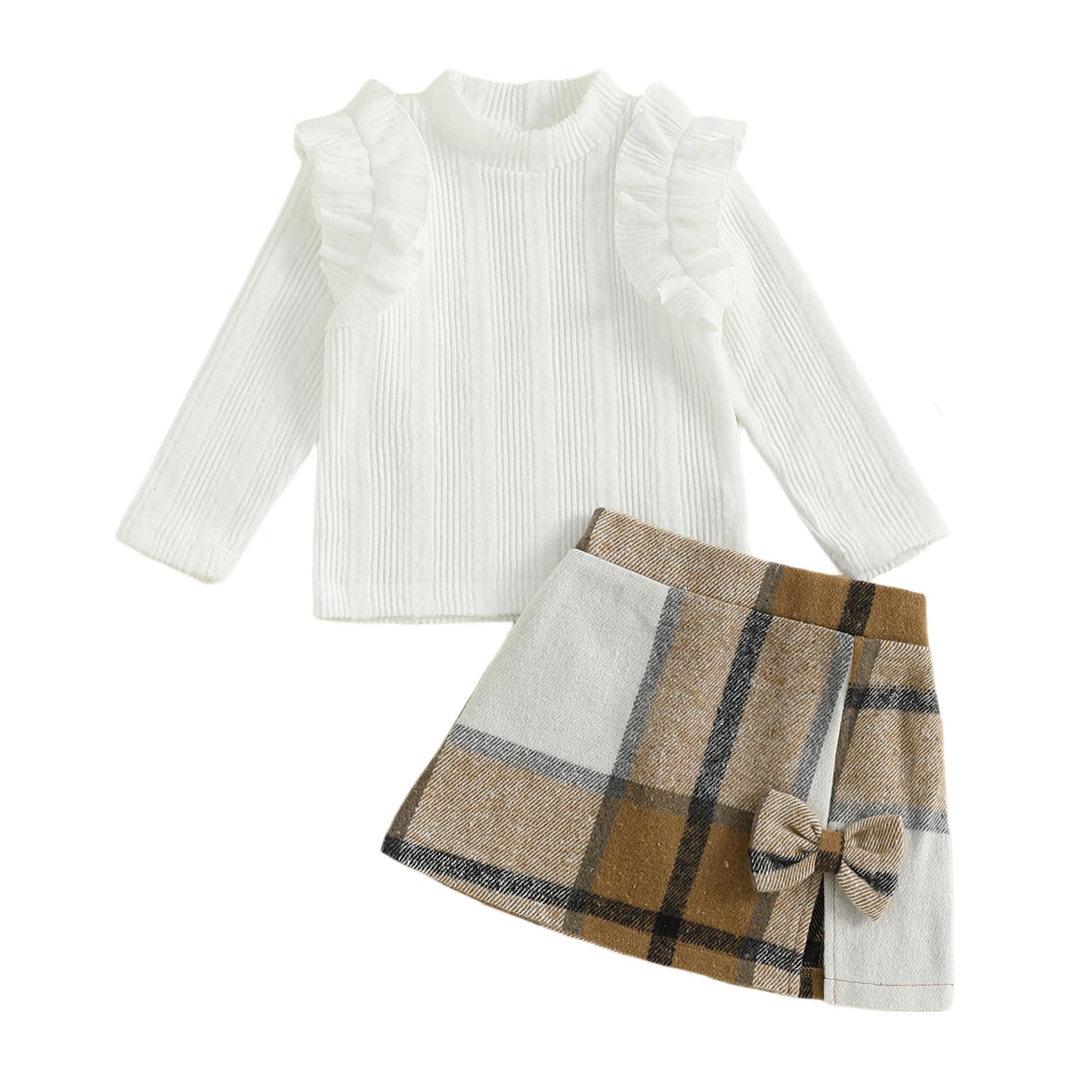 Girl's Skirt Set - Long Sleeve Crew Neck T-Shirt with Plaid Skirt