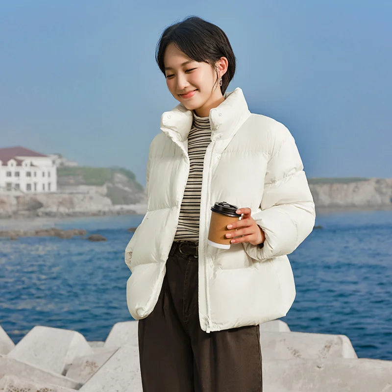 Down Jacket Women Three-Proof Solid Color Stand-Up Collar Loose Simple Winter Versatile Goose Warm