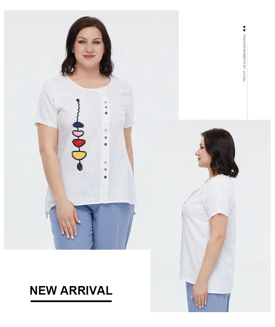 Women's Summer Cotton Linen Oversized Short Sleeve Sequins Button Top