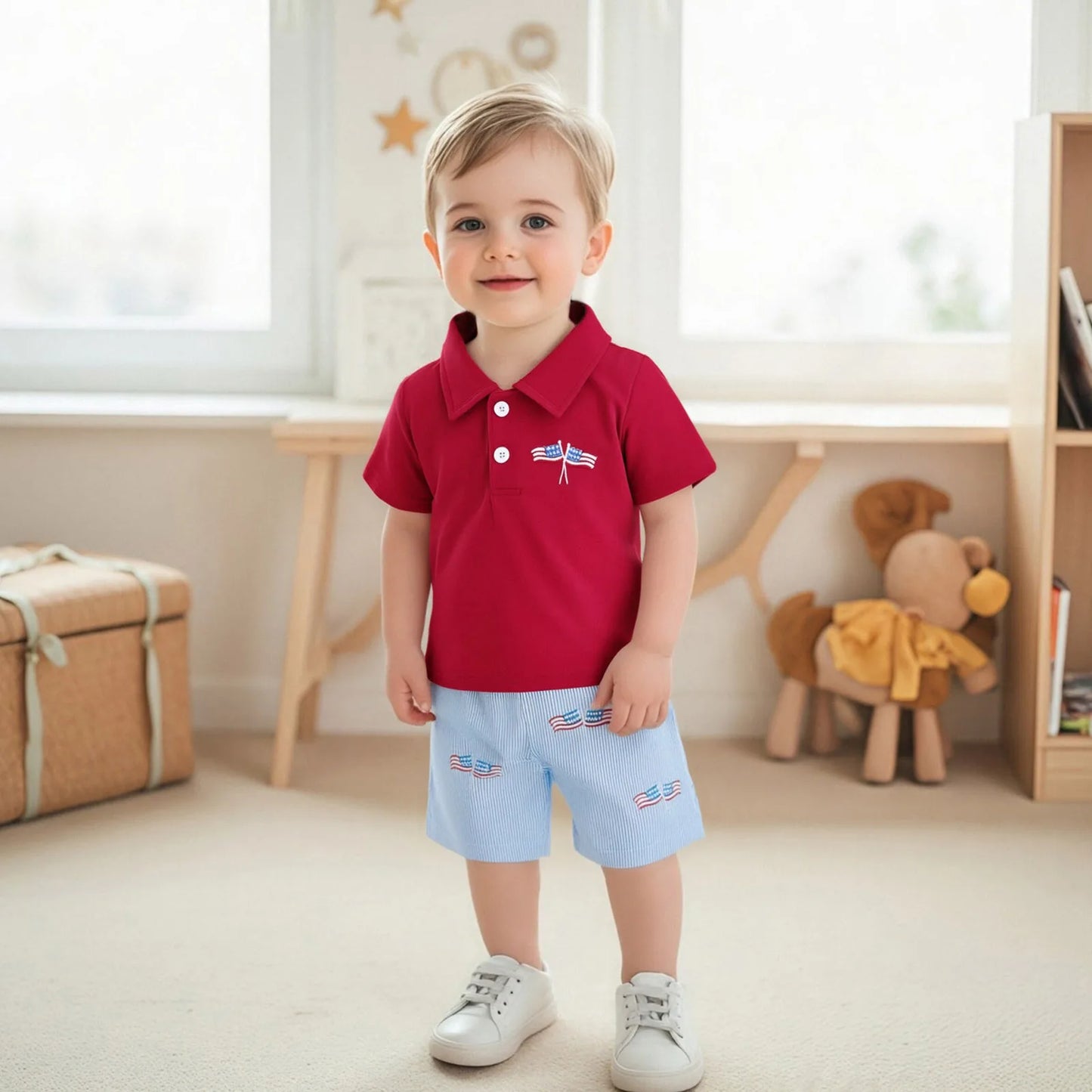 0-4Y Kids Girls Boys Clothes Sets Flag/Car Embroidery Short Sleeves T-Shirt and Elastic Shorts