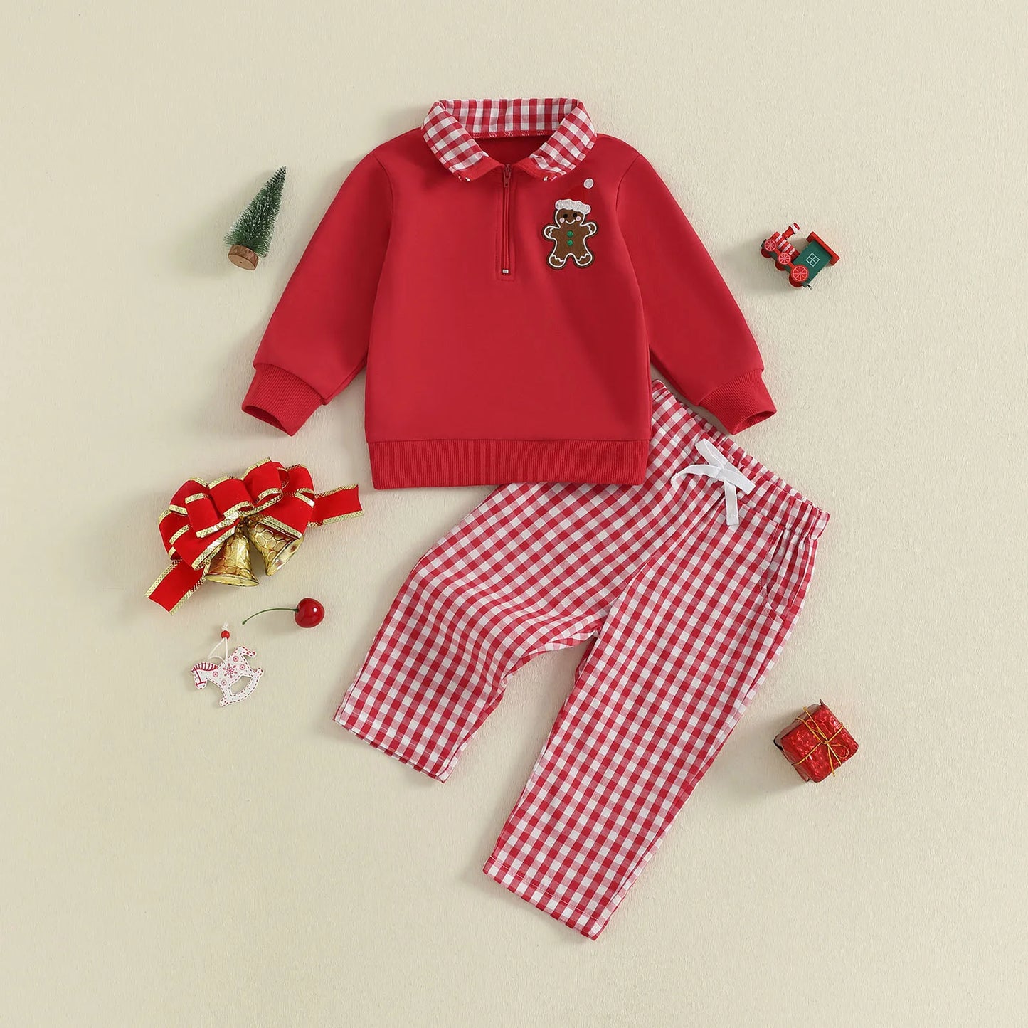 Baby Boys Christmas Clothes Set - Xmas Tree Embroidery Zip Pullover & Plaid Pants