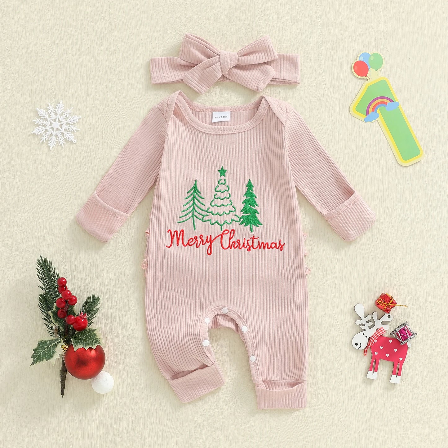 Newborn Baby Christmas Romper with Headband - Long Sleeve Xmas Tree Embroidery Jumpsuit