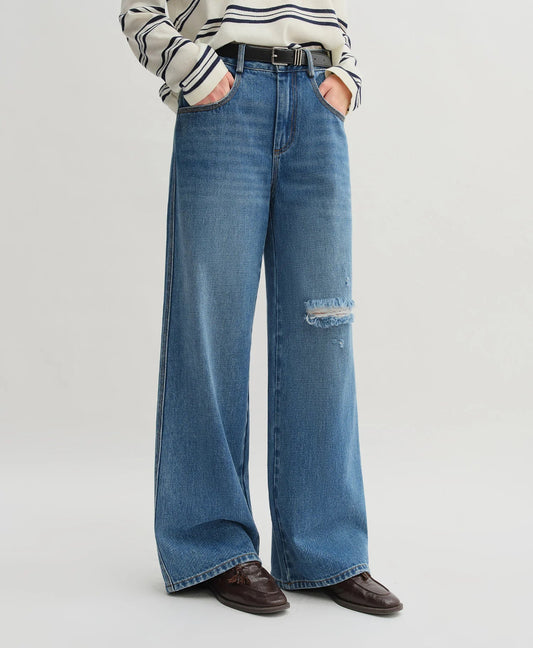 Women's High Waist Ripped Jeans - Straight Leg Non-Stretch Casual Denim Trousers